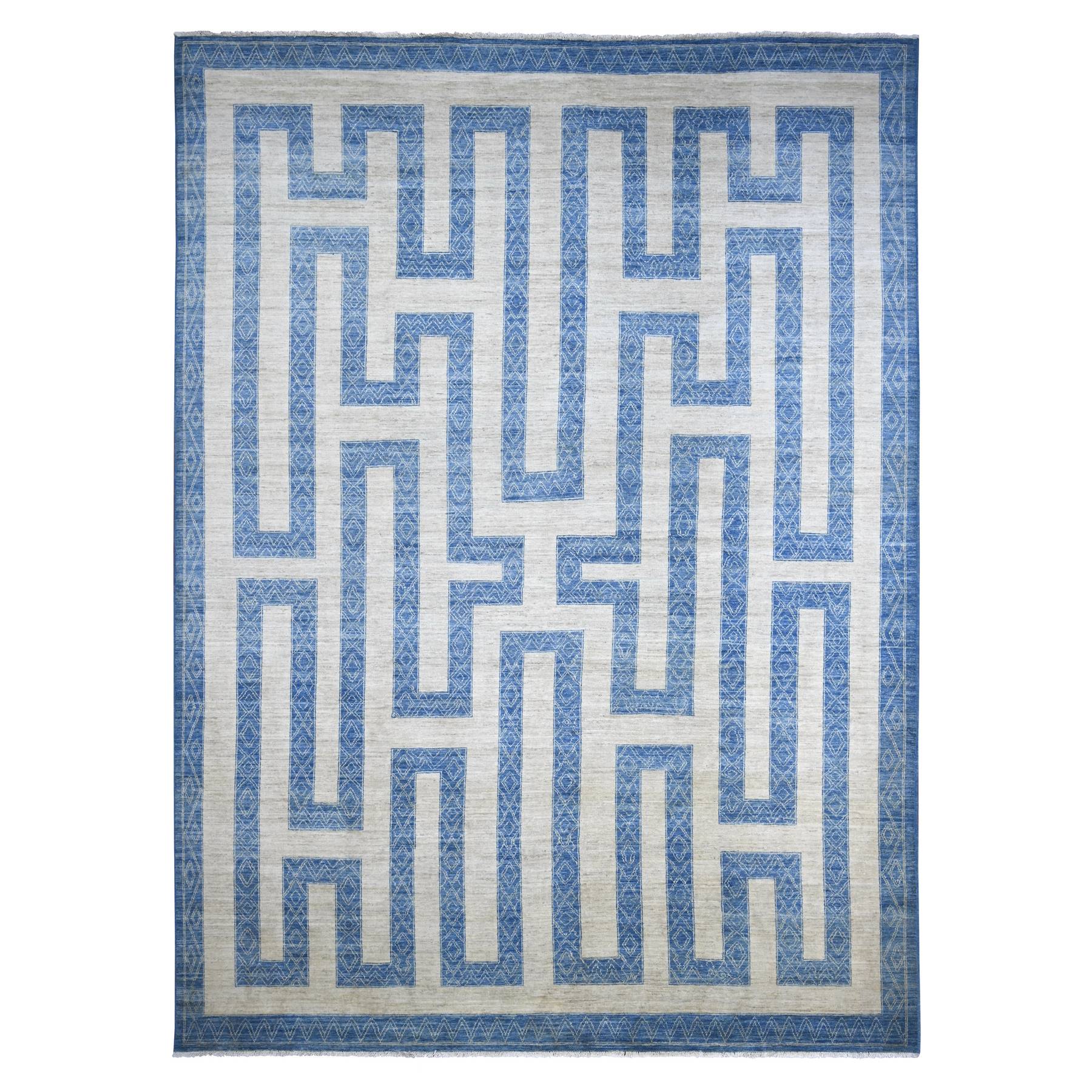 9'10"x13'6" Bayern Blue, Fine Peshawar with Intricate Geometric Motifs Maze Design, Dense Weave, Soft and Shiny Wool, Hand Knotted, Oriental Rug 